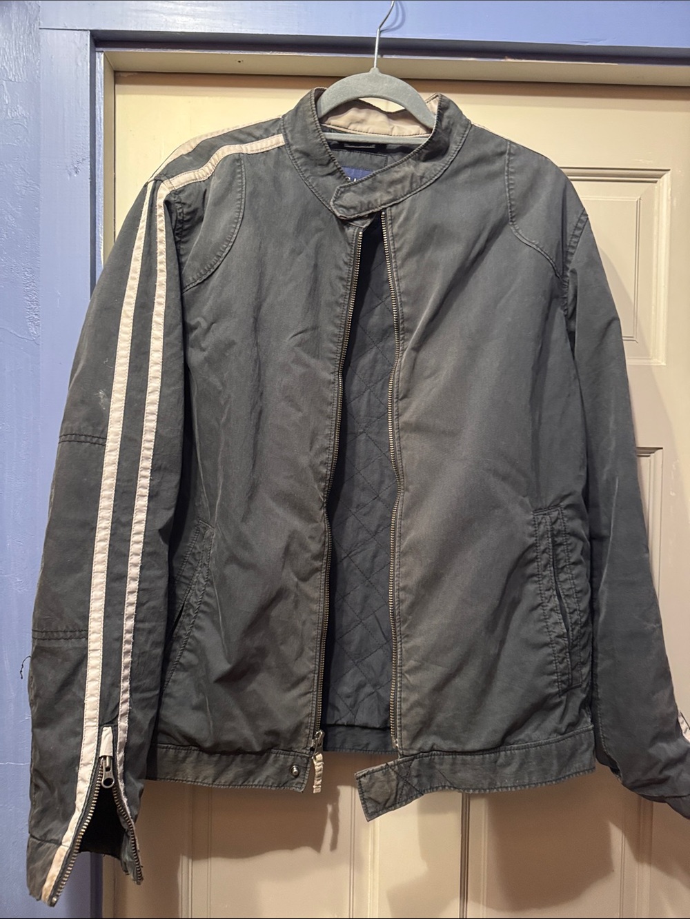 Vintage GAP Men's Charcoal Bomber Jacket with White Shoulder Stripes